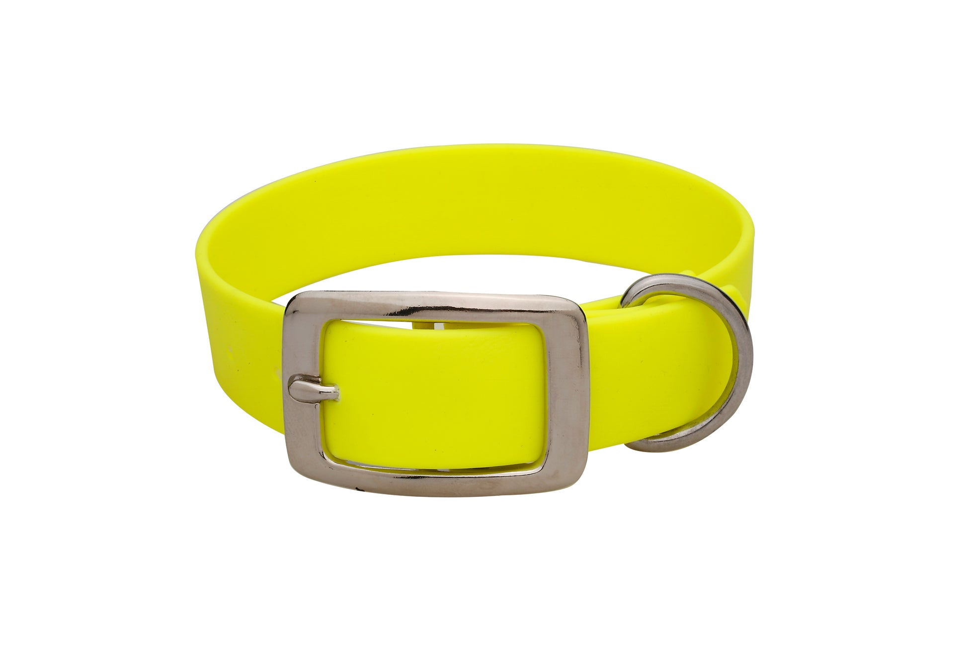 Einfarbiges BioThane®-Halsband 25 mm in Neongelb mit silberfarbenen Beschlägen